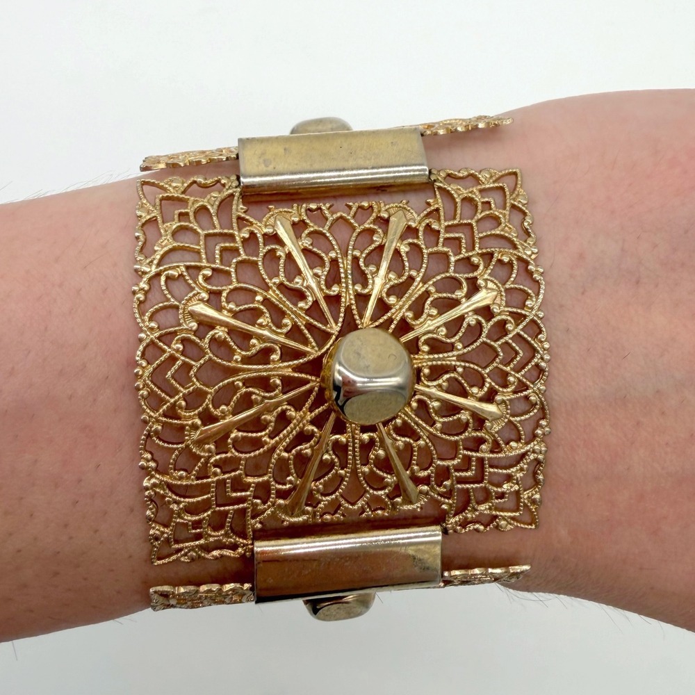 Vintage Gold Tone Filigree Panel Bracelet Wide Ornate Statement Cuff